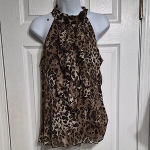 Brown Leopard Print Ruffle Blouse With Tie Back. Size L